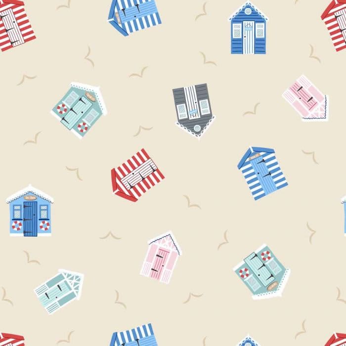 Small Things Coastal SM61.1 Beach Huts on Clotted Cream fabric by Lewis & Irene Small Things Coastal SM61.1 Beach Huts on Clotted Cream fabric by Lewis & Irene