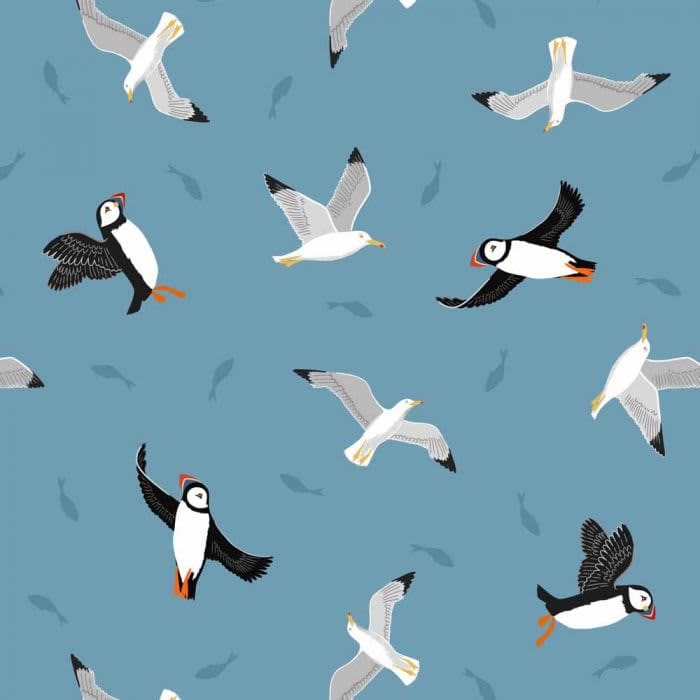 Small Things Coastal SM62.2 Puffins & Gulls on Coastal Blue fabric by Lewis & Irene Small Things Coastal SM62.2 Puffins & Gulls on Coastal Blue fabric by Lewis & Irene