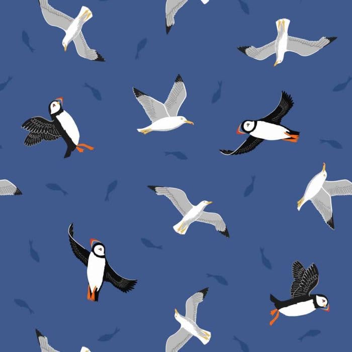 Small Things Coastal SM62.3 Puffins & Gulls on Dark Blue fabric by Lewis & Irene Small Things Coastal SM62.3 Puffins & Gulls on Dark Blue fabric by Lewis & Irene