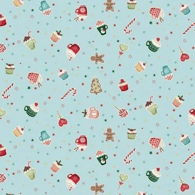 2569B Cosy Sweet Treats Light Blue Christmas Fabric by Makower 2569B Cosy Sweet Treats Light Blue Christmas Fabric by Makower