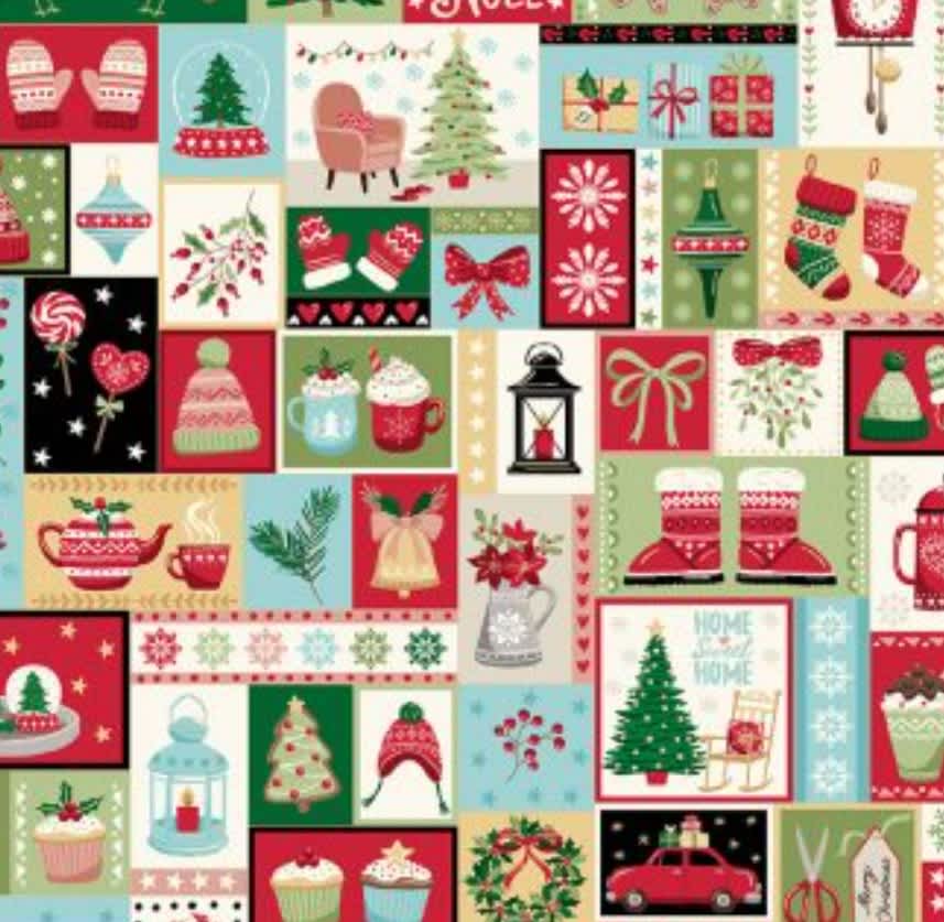 2567/1 Cosy Montage Christmas Fabric by Makower 2567/1 Cosy Montage Christmas Fabric by Makower