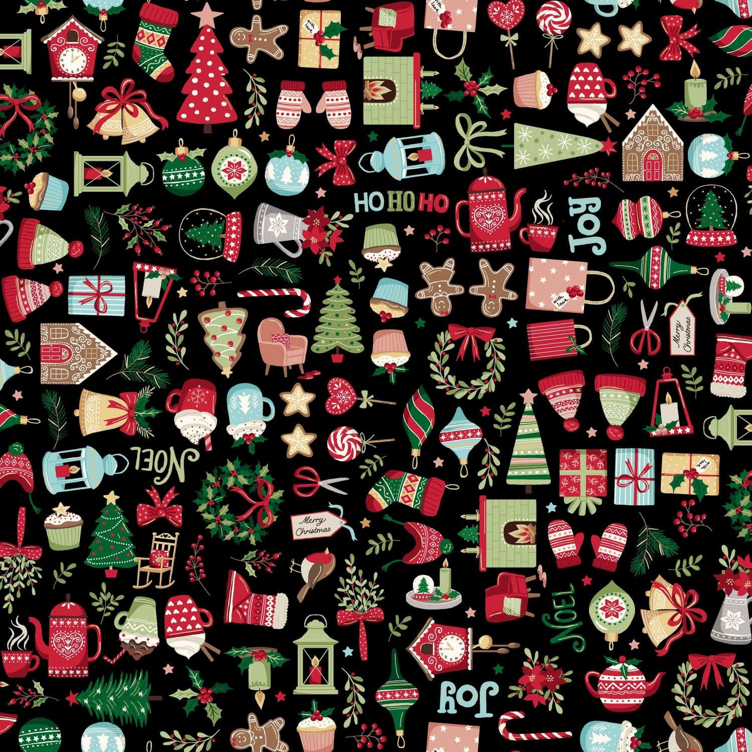 2568X Cosy Icons Black Christmas fabric by Makower 2568X Cosy Icons Black Christmas fabric by Makower