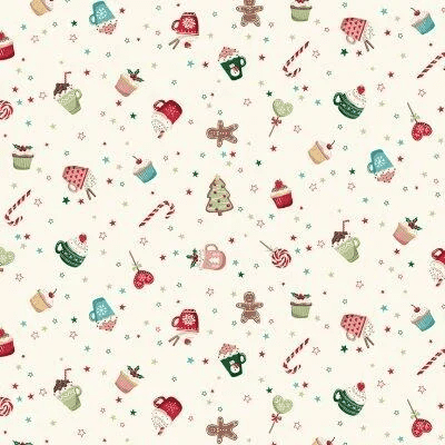2569Q Cosy Sweet Treats Cream Christmas Fabric by Makower 2569Q Cosy Sweet Treats Cream Christmas Fabric by Makower