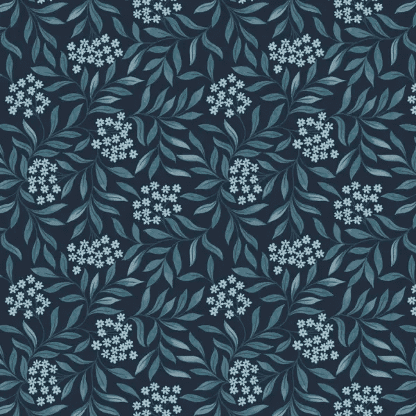 Brensham A751.3 Floral leaves on dark blue fabric by Lewis & Irene Brensham A751.3 Floral leaves on dark blue fabric by Lewis & Irene