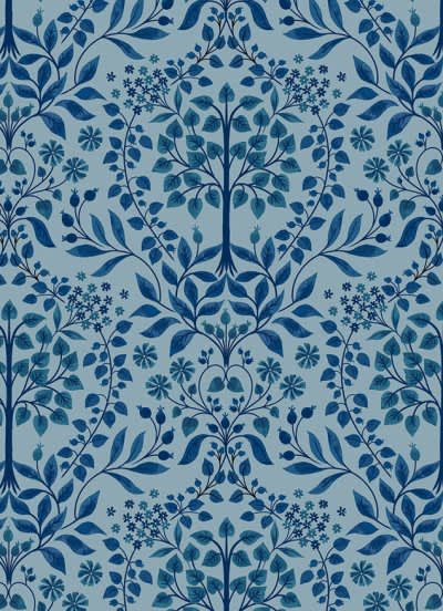 Brensham A748.2 Brensham trees on french blue fabric by Lewis & Irene Brensham A748.2 Brensham trees on french blue fabric by Lewis & Irene