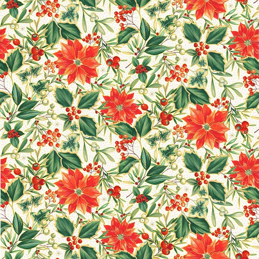 2489Q Festive Pointsettia Cream Fabric by Makower 2489Q Festive Pointsettia Cream Fabric by Makower