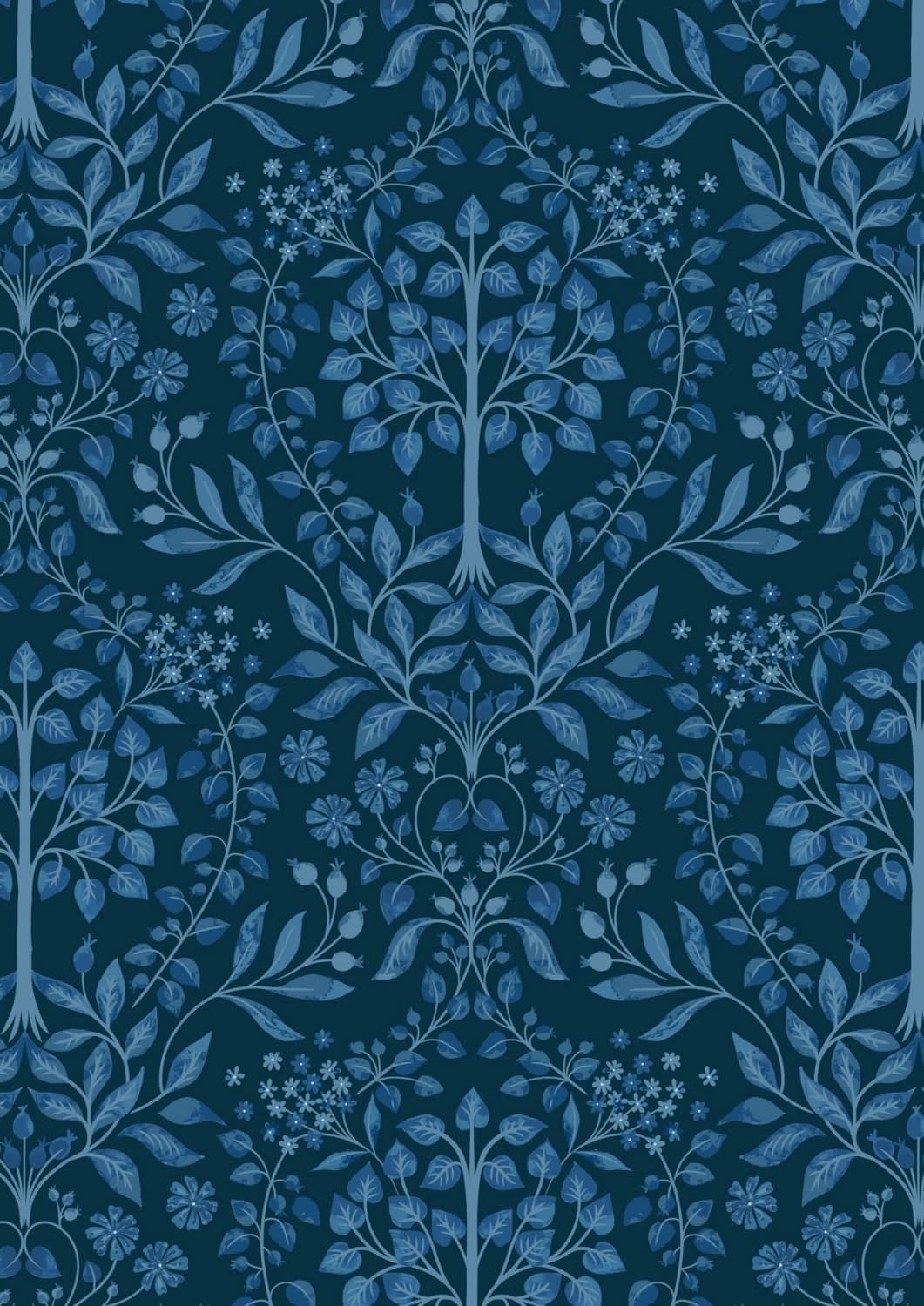 Brensham A748.3 Brensham trees on dark blue fabric by Lewis & Irene Brensham A748.3 Brensham trees on dark blue fabric by Lewis & Irene