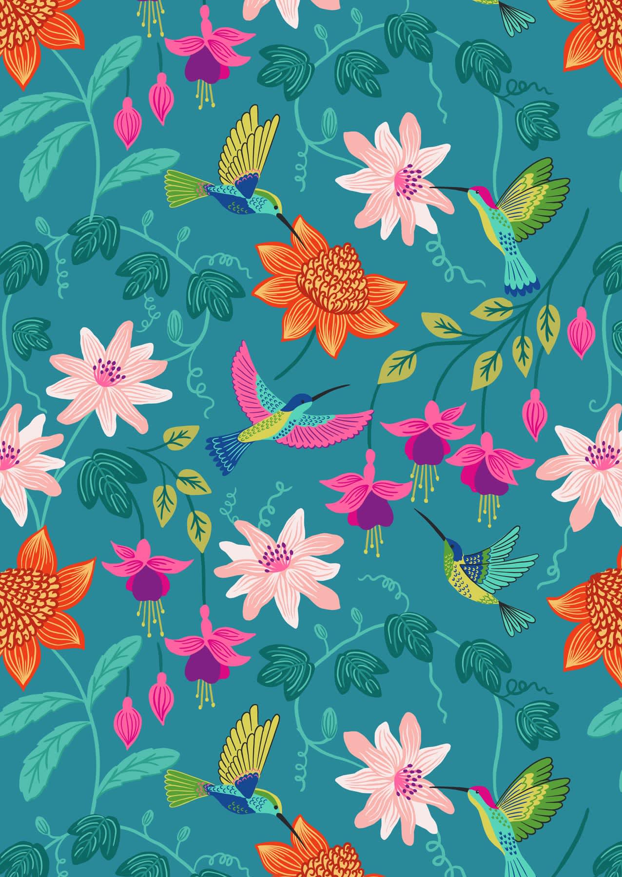 Hibiscus Hummingbird A593.2 Hummingbird large floral on tropical blue fabric by Lewis and Irene Hibiscus Hummingbird A593.2 Hummingbird large floral on tropical blue fabric by Lewis and Irene
