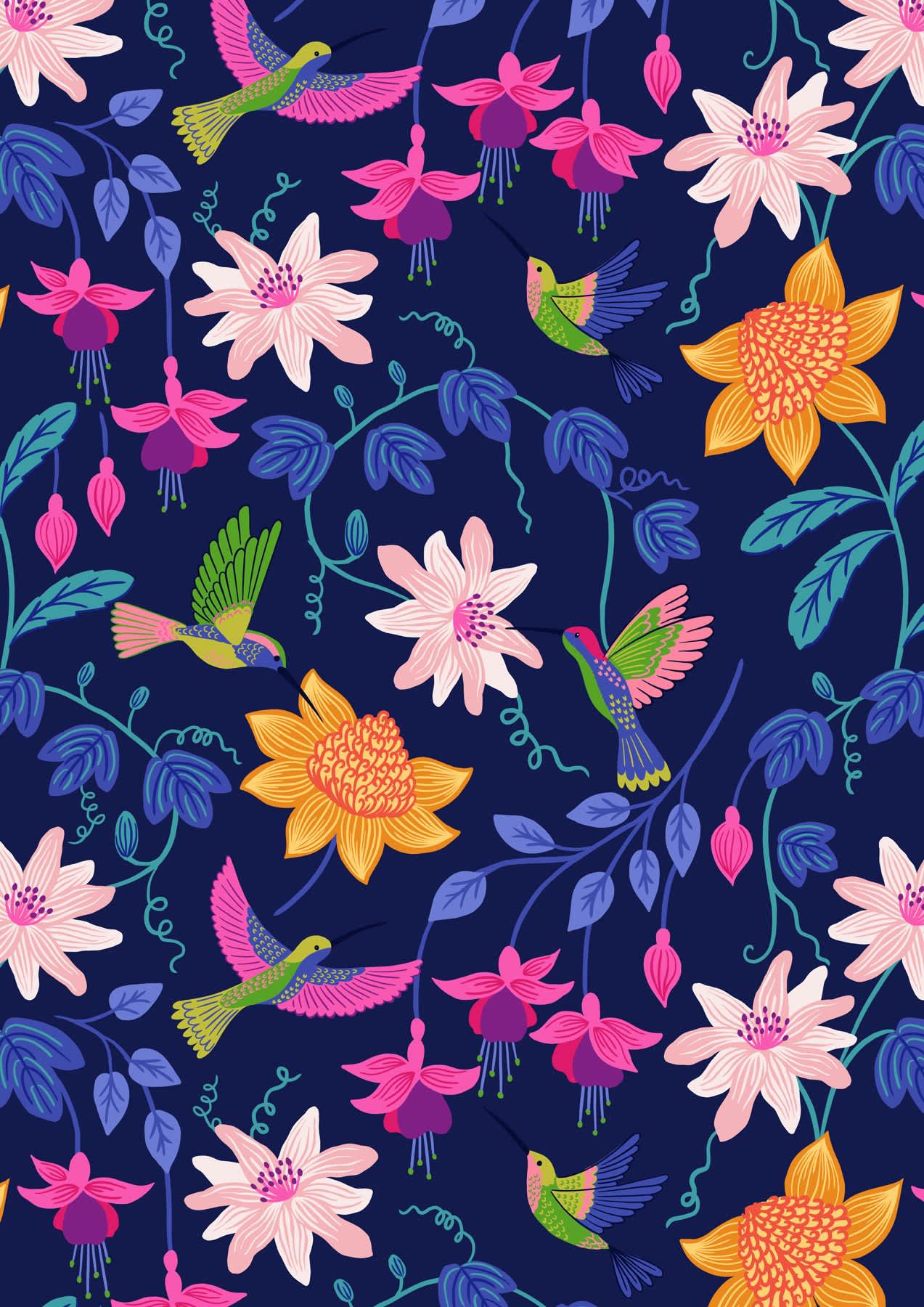 Hibiscus Hummingbird A593.3 Hummingbird large floral on dark blue fabric by Lewis and Irene Hibiscus Hummingbird A593.3 Hummingbird large floral on dark blue fabric by Lewis and Irene