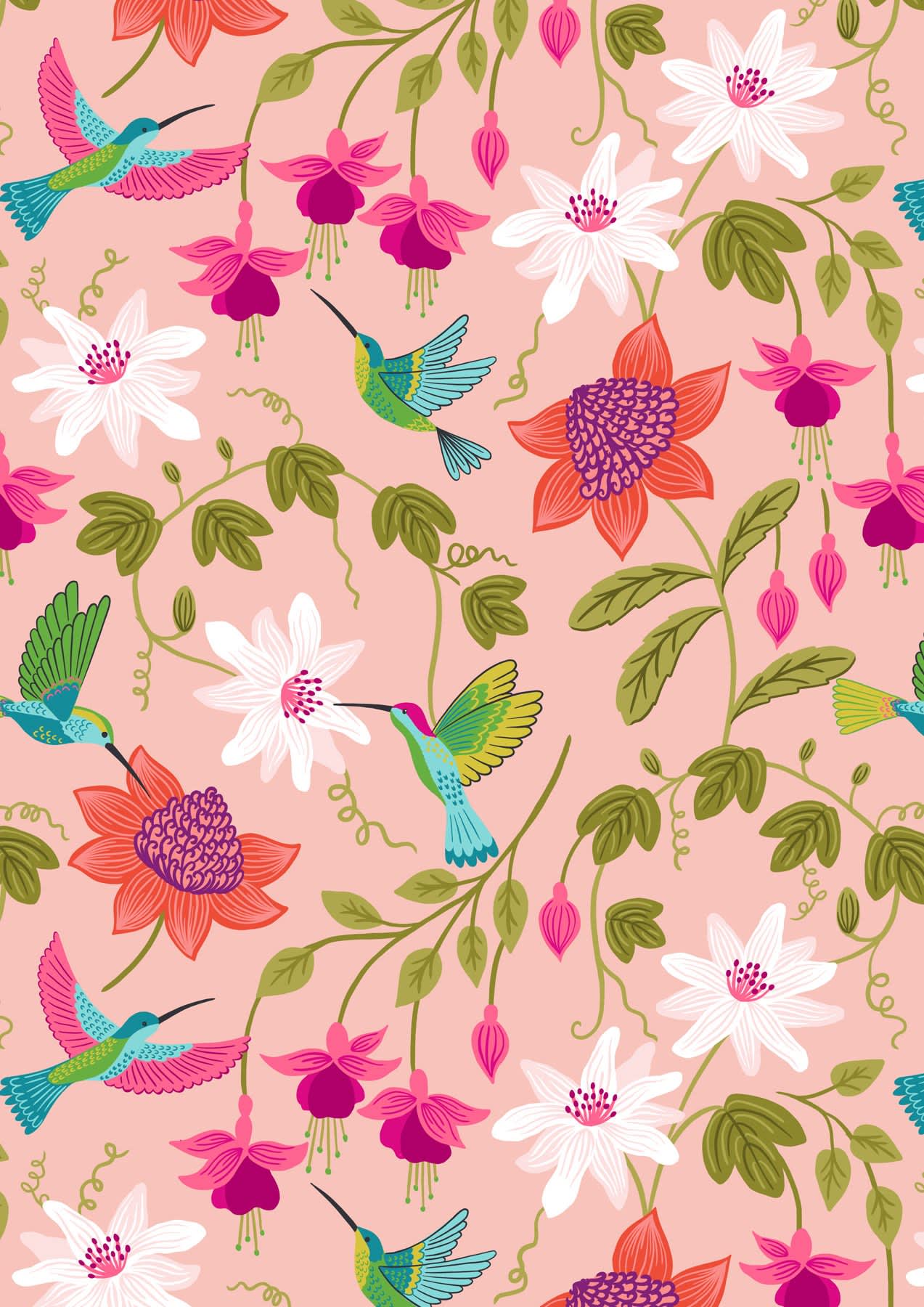 Hibiscus Hummingbird A593.1 multi coloured birds and flowers on pink background fabric by Lewis and Irene Hibiscus Hummingbird A593.1 multi coloured birds and flowers on pink background fabric by Lewis and Irene