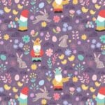 Spring Treats A588. C2 Gnomes and rabbits on purple background by Lewis and Irene