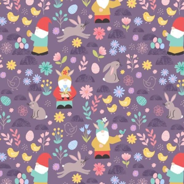 Spring Treats A588. C2 Gnomes and rabbits on purple background by Lewis and Irene Spring Treats A588. C2 Gnomes and rabbits on purple background by Lewis and Irene