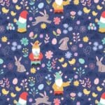 Spring Treats A588. C3 Gnomes and rabbits on mid blue background by Lewis and Irene