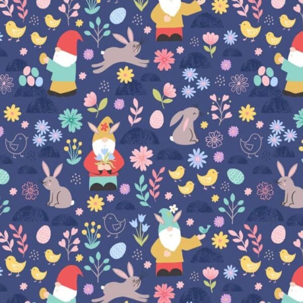 Spring Treats A588. C3 Gnomes and rabbits on mid blue background by Lewis and Irene Spring Treats A588. C3 Gnomes and rabbits on mid blue background by Lewis and Irene