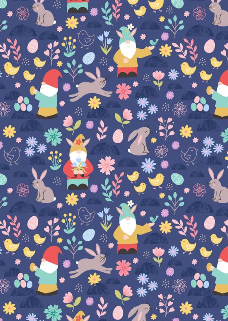 Spring Treats A588. C3 Gnomes and rabbits on mid blue background by Lewis and Irene Spring Treats A588. C3 Gnomes and rabbits on mid blue background by Lewis and Irene