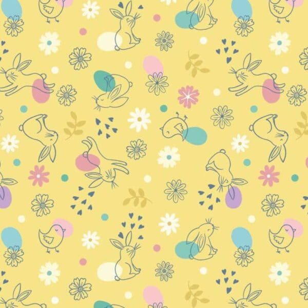 Spring Treats A590.C3 Leaping bunnies and chicks on yellow by Lewis and Irene Spring Treats A590.C3 Leaping bunnies and chicks on yellow by Lewis and Irene