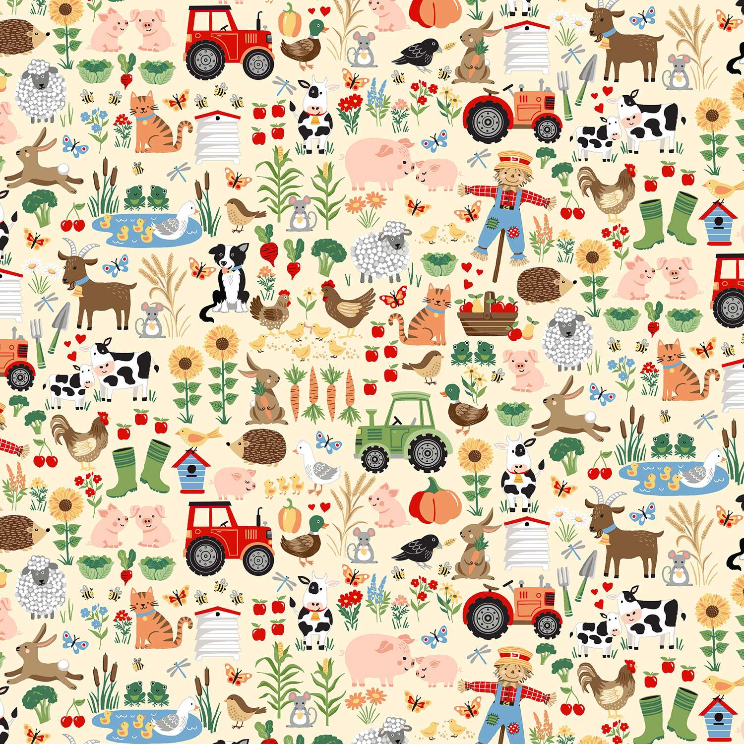 Fun on the Farm Friends 64Q cream by Makower scarecrows, tractors, cows Fun on the Farm Friends 64Q cream by Makower scarecrows, tractors, cows