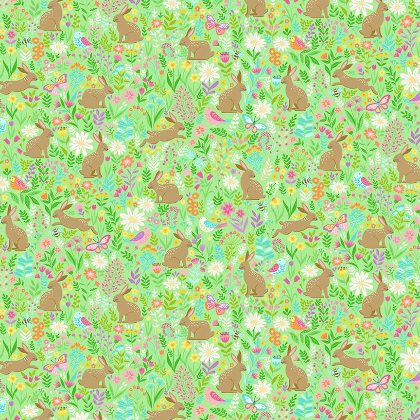 Hello Spring Bunny, 083/G, Meadow Green by Makower Hello Spring Bunny, 083/G, Meadow Green by Makower