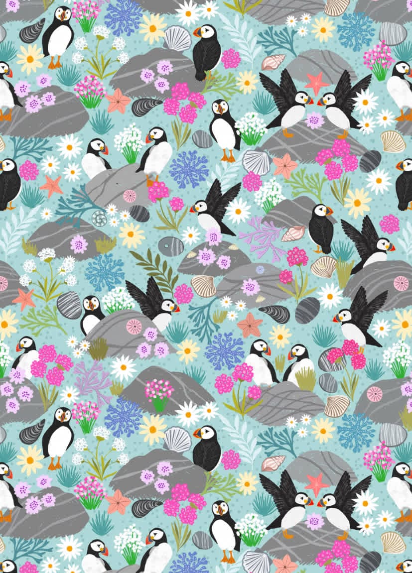 Puffin Rock A895A puffins by Lewis and Irene sea blue Puffin Rock A895A puffins by Lewis and Irene sea blue