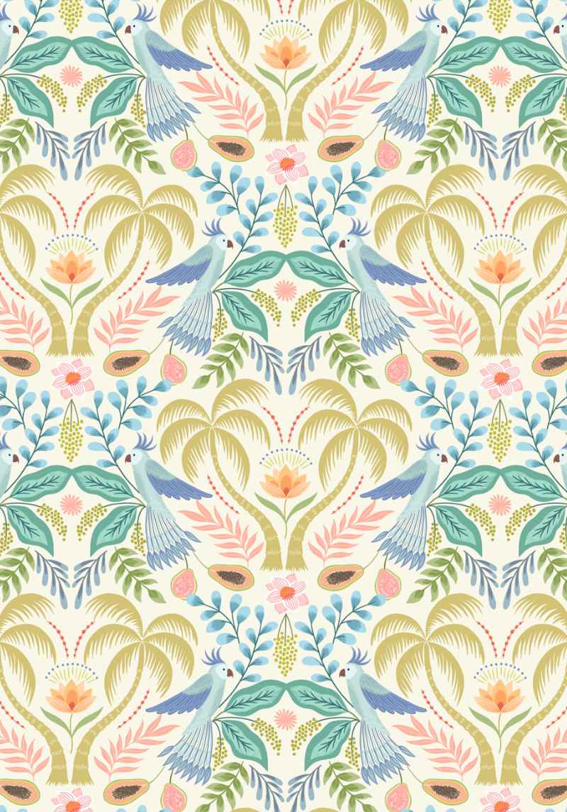 Paradise on cream A887A by Lewis and Irene palm trees and parrots Paradise on cream A887A by Lewis and Irene palm trees and parrots