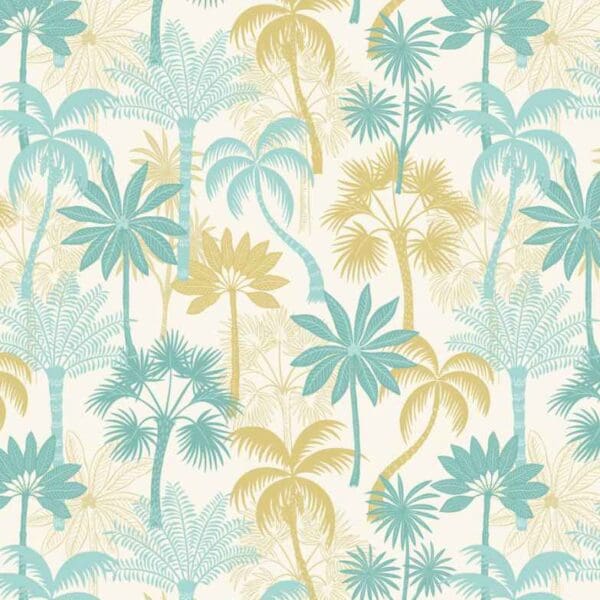 Paradise Tropical Trees on cream A889A by Lewis and Irene blue and green palm trees Paradise Tropical Trees on cream A889A by Lewis and Irene blue and green palm trees