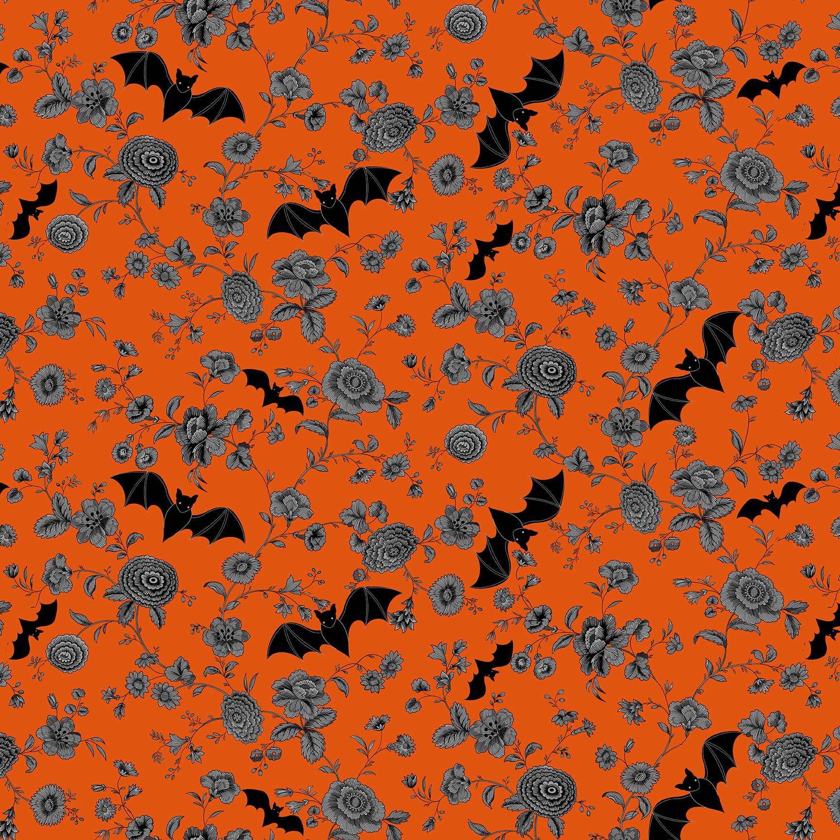 Phantasm 1517O – Night Garden flame – Andover/Makower orange background black bats Phantasm 1517O - Night Garden flame - Andover/Makower orange background black bats