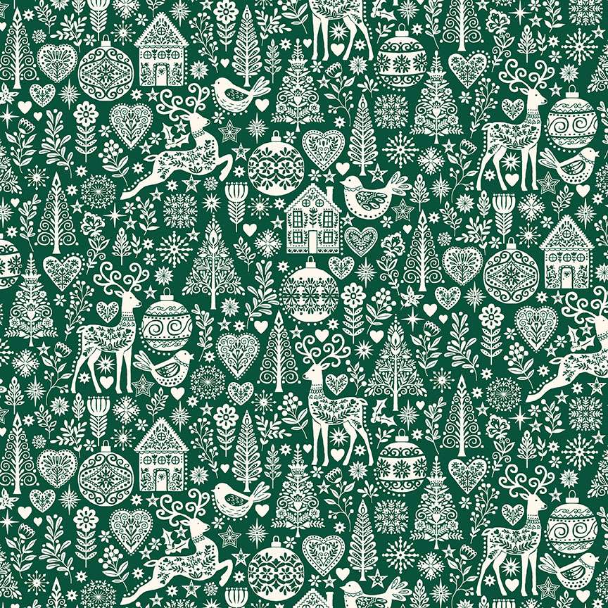 Scandi Christmas – 112G trees, reindeer and baubles on green background – Andover/Makower Scandi Christmas - 112G trees, reindeer and baubles on green background - Andover/Makower