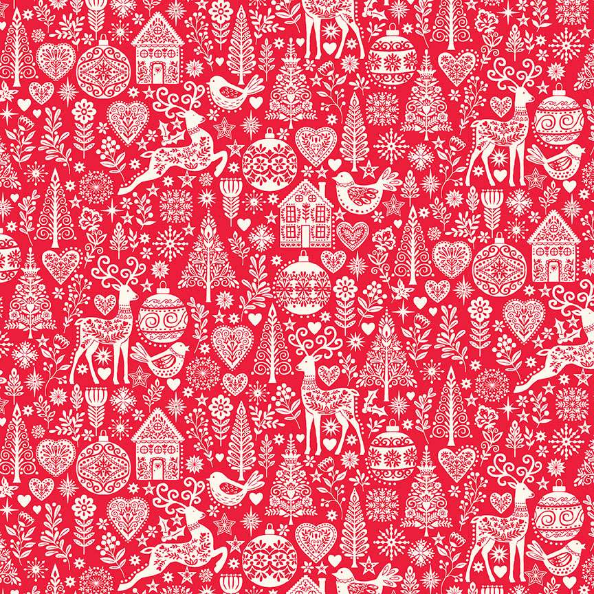 Scandi Christmas – 112R Trees, Reindeer and Baubles on red background – Andover/Makower Scandi Christmas - 112R Trees, Reindeer and Baubles on red background - Andover/Makower