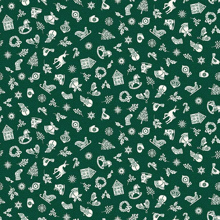 Scandi Charms – 113G Birds, Snowmen and Sleighs on green background – Andover/Makower Scandi Charms - 113G Birds, Snowmen and Sleighs on green background - Andover/Makower