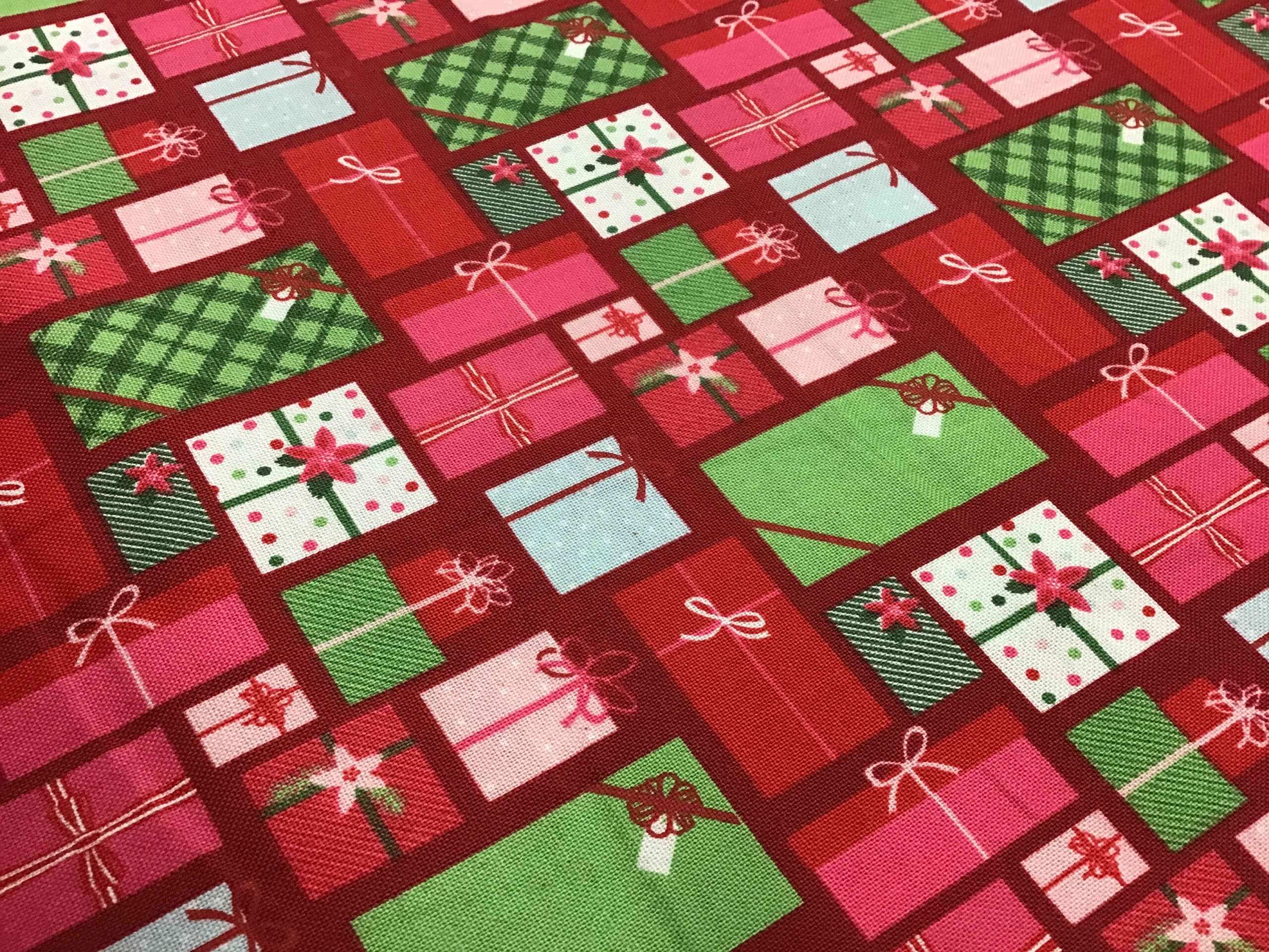 Craft Cotton – Merry and Bright – C8392 Christmas presents on red background by Reynard Craft Cotton - Merry and Bright - C8392 Christmas presents on red background by Reynard