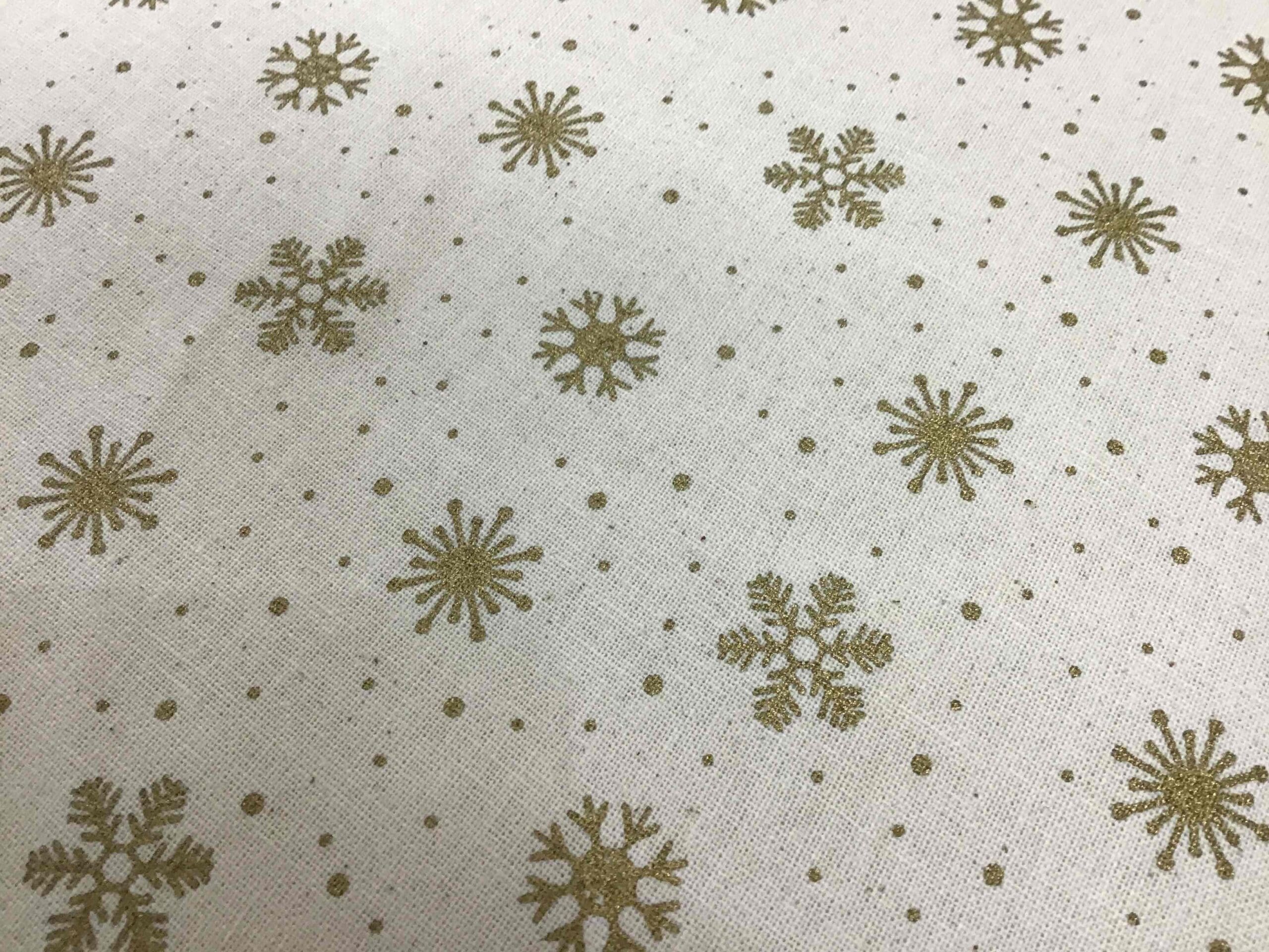 Craft Cotton Christmas print – 126 gold snowflake on natural background by Reynard Craft Cotton Christmas print - 126 gold snowflake on natural background by Reynard