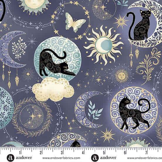 Charmed Twilight MU196B blue by Makower cats in circles on purple/blue background