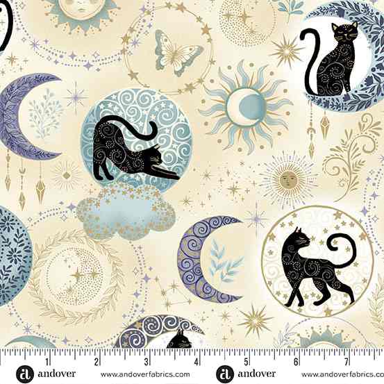 Charmed Twilight MU196Q cream by Makower cats in circles on cream background Charmed Twilight MU196Q cream by Makower cats in circles on cream background