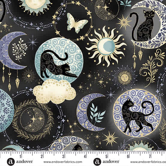 Charmed Twilight MU196X black by Makower cats in circles on black background Charmed Twilight MU196X black by Makower cats in circles on black background