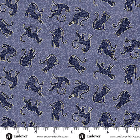 Charmed Whiskers MU197B blue by Makower cats on blue background