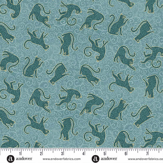 Charmed Whiskers MU197T teal  by Makower cats on teal background