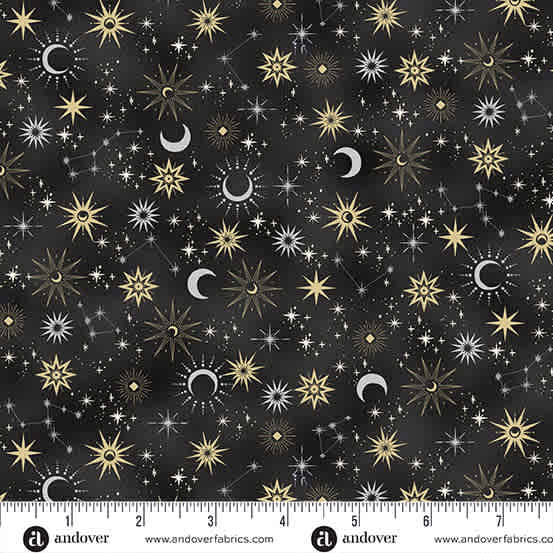 Charmed Galaxy MU198X black by Makower stars and moons on black  background