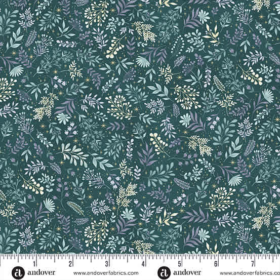 Charmed Flora MU199T teal  by Makower flowers and leaves on teal  background