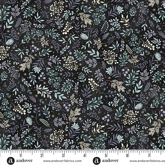 Charmed Flora MU199X black  by Makower flowers and leaves on black  background
