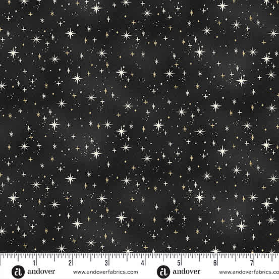 Charmed Shimmer MU200X black by Makower tiny stars on black background