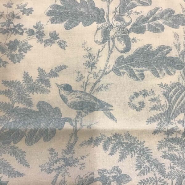 Vermont 10285LB Sky fabric by Andover blue on white birds, leaves, acorns Vermont 10285LB Sky fabric by Andover blue on white birds, leaves, acorns