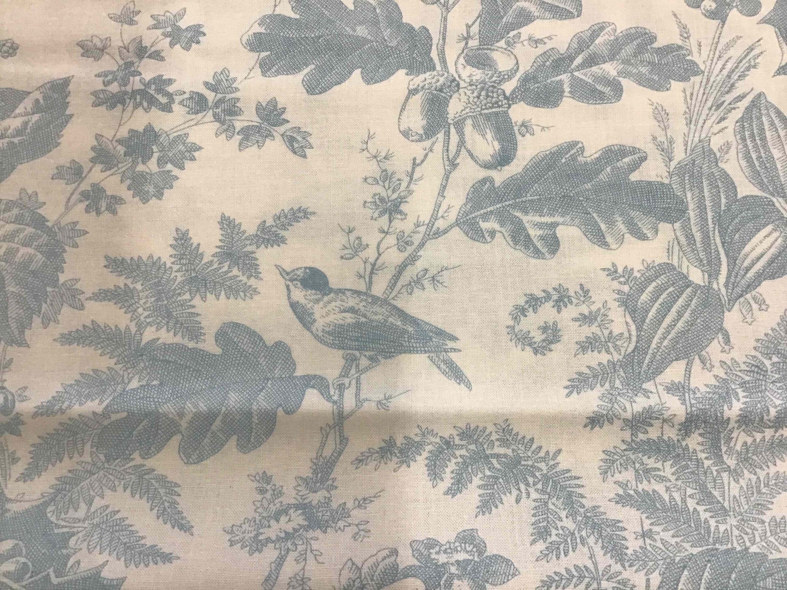 Vermont 10285LB Sky fabric by Andover blue on white birds, leaves, acorns Vermont 10285LB Sky fabric by Andover blue on white birds, leaves, acorns
