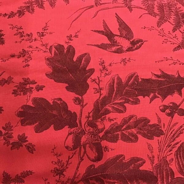 Vermont 10285R2 Ruby fabric by Andover black on red birds, leaves, acorns Vermont 10285R2 Ruby fabric by Andover black on red birds, leaves, acorns