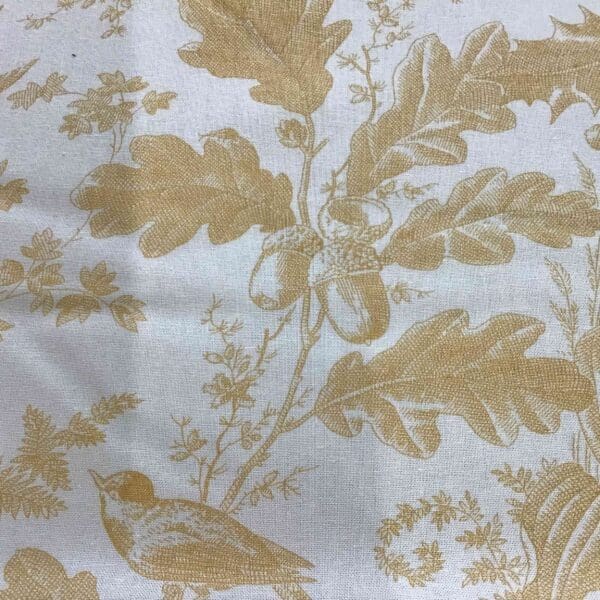 Vermont 10285Y Golden fabric by Andover gold on gold birds, leaves, acorns Vermont 10285Y Golden fabric by Andover gold on gold birds, leaves, acorns