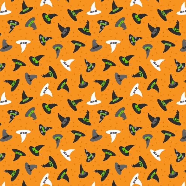 Witchy Woods A886B witches hats on orange by Lewis and Irene Witchy Woods A886B witches hats on orange by Lewis and Irene