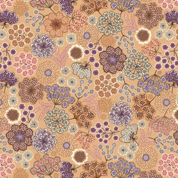 Jardin D’Automne A926B large autumn floral on warm tan by Lewis and Irene Jardin D’Automne A926B large autumn floral on warm tan by Lewis and Irene