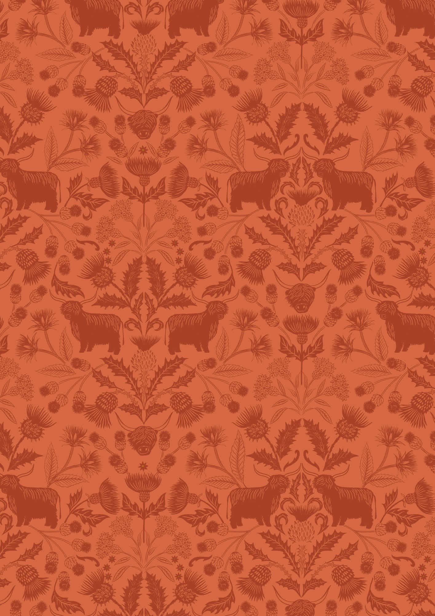Highlands – A877C highland cow and thistle on orange by Lewis & Irene Highlands - A877C highland cow and thistle on orange by Lewis & Irene