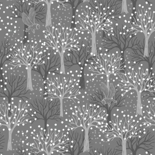 Secret Winter Garden Flannel A660.2 Owl orchard on dark grey by Lewis & Irene fabrics